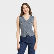 Universal Thread Women's V Neck Denim Vest, Midweight Cotton with Spandex, Blue, XS