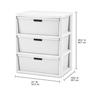 Sterilite Wide 3 Drawer Tower Storage Cart with Removable Decorative Bins, White, 4430-80
