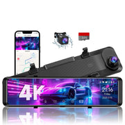UDH VT15 4K UHD Dual Dash Cam Front and Rear, 12 in Touch Screen Mirror, Night Vision, Voice Control, G-Sensor, Includes 32GB SD Card