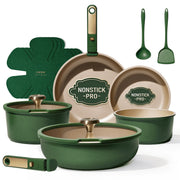 Carote 15 Pcs Nonstick Cookware Set with Detachable Handles, Oven Safe, Induction Compatible, Stackable, Green
