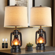 JUJUYUYOP 22-Inch Farmhouse Lantern Table Lamp Set of Two with Dual USB Charging Ports, Black Linen Shade, Frosted Glass, Industrial Style RO-001