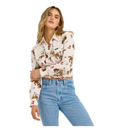 Wrangler Retro Bold Bucking Cowboy Western Snap Shirt for Ladies - Cream/Brown - XL