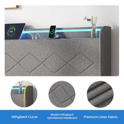 edx Upholstered Queen Bed Frame with Height-Adjustable Headboard, 3 USB Charging Ports, Bluetooth-Controlled LED Light Strip, Gray
