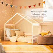 Little Seeds Trellis Toddler House Bed, Montessori-Inspired Design, True White, Crib Size, Pine Wood Frame