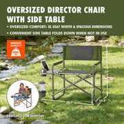 Ozark Trail Oversized Director's Camp Chair with Fold-Down Side Table, Green, 600 lb Capacity, Folding Steel Frame, FC850-95200C
