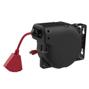Hyper Tough Auto-Retractable Extension Cord Reel, 33 ft, 16/3 AWG SJTW Cord, Grounded Triple Tap Outlet, Black/Red