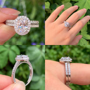 Wuziwen Halo Oval Cut Engagement and Wedding Ring Set, 925 Sterling Silver, White Cubic Zirconia, Size 7