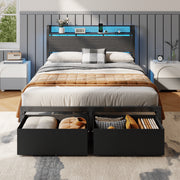 Satifur Full Bed Frame with 2 Storage Drawers, Storage Headboard, Integrated Charging Station, RGB LED Lighting, Rustic Grey