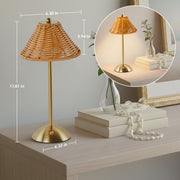 Lofter-Pro Boho Rattan Bedside Table Lamp, Cordless Battery Operated Touch LED, Gold Finish