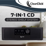 ClearClick Stereo Shelf System, 7-in-1 Audio with CD Player, Bluetooth, FM Radio, USB Playback, Aux and Optical Inputs, Alarm Clock, Remote Control, Black