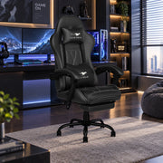 Auxe Gaxe Gaming Chair for Adults with Ergonomic High Back, Retractable Footrest, PU Leather, Lumbar Support, Headrest, Adjustable Armrests, Black, C-Black