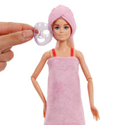 Mattel Barbie Party Unboxed Glam Party Series Red Sparkle Doll with 10 Surprises, Color-Change Makeup and Hair, Reversible Towel Dress, Accessories, JFY68