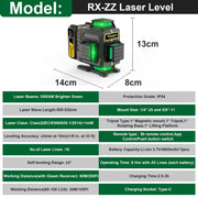 Gisam RX-ZZ Laser Level Tool, 4x360 Self-Leveling Green Cross Line, 16 Lines, Bluetooth Remote Control, Tripod Included, 2x4800mAh Batteries