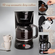 Mixpresso 12 Cup Drip Coffee Maker, Borosilicate Glass Carafe, Reusable Filter, Auto-Off, Anti-Drip System, Water Level Window, Black