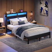 Bestier Queen Size Platform Bed Frame with Storage Headboard, LED RGB Lights, USB Charging Station, Metal, Black