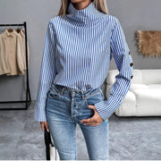 Elegantia Goods Blue Striped Button-Down Shirt for Women, Lightweight Polyester, Long Sleeve, Funnel Neck, Loose Fit