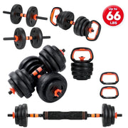 Naipo 66LB Adjustable Dumbbell Set, 5-in-1 Multi-Functional Fitness Equipment with Dumbbells, Barbells, Kettlebell, Push Up Stands, Black