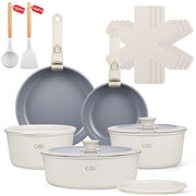 Koch Systeme CS 17-Piece Nonstick Cookware Set with Detachable Handle, Induction Compatible, Cream White