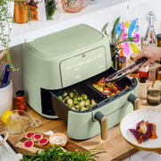 Beautiful Kitchenware 9 Qt TriZone Dual Basket Air Fryer with EverGood Ceramic Nonstick Coating, Touchscreen Control, Sage Green, 29061