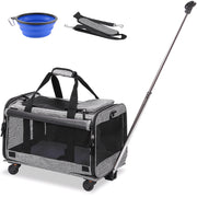 MEXMIODY Pet Carrier with Wheels, Airline Approved, Telescopic Handle, Mesh Ventilation, Foldable, Grey, Medium Small Size