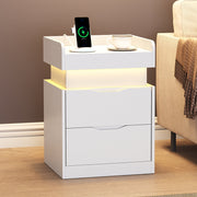 IDEALSOUL Nightstand Set of 2 with Multifunctional Charging Station, LED Lighting with 22 Dynamic Modes, 3 Hidden Drawers, White MDF, Modern Design, CTG001