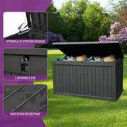 DEXTRUS Outdoor Lockable Waterproof 230 Gallon Resin Deck Box with Wood Panel Texture, Black, 56.3 x 31.1 x 31.8 in, DVDEXGNrj8