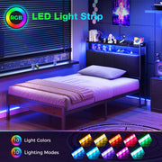 Casacomoda Twin Bed Frame with Upholstered Storage Headboard, RGB LED Lights, Charging Station, Heavy-Duty Metal Frame, Black