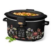 Made By Gather 29281 Beautiful 4 Qt Digital Slow Cooker with Spill-Proof Hinged Locking Lid, Touch Display, Matte Steel Housing, Wildflower Black