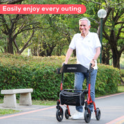 Cosywill Rollator Walker with Seat, Foldable, 10-Inch EVA Wheels, Adjustable Height, Removable Back Support, 300 lb Capacity, Red