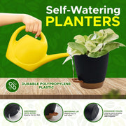 Campior Self Watering Plant Pots, Pack of 10, Indoor Outdoor Planters with Wick Rope and Drainage Holes, Lightweight Matte Black Plastic, Round Classic Style