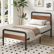 Lutown-Teen Twin XL Bed Frame, 12 Inch Metal Platform with Mahogany Wood Headboard and Footboard, Supports 1500 lb, No Box Spring Needed, Easy Assembly