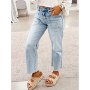 Nobrand Women Casual Straight Leg Cropped Jeans, Frayed Hem, Medium Stretch, Relaxed Retro Style, Blue