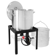 Creole Feast Seafood Boiling Pot Kit, 60 Qt Aluminum Pot with 40 Qt Basket, 100000 BTU Propane Gas Boiler, Adjustable Regulator, Push-Button Ignition, Black and Silver, SBK0601