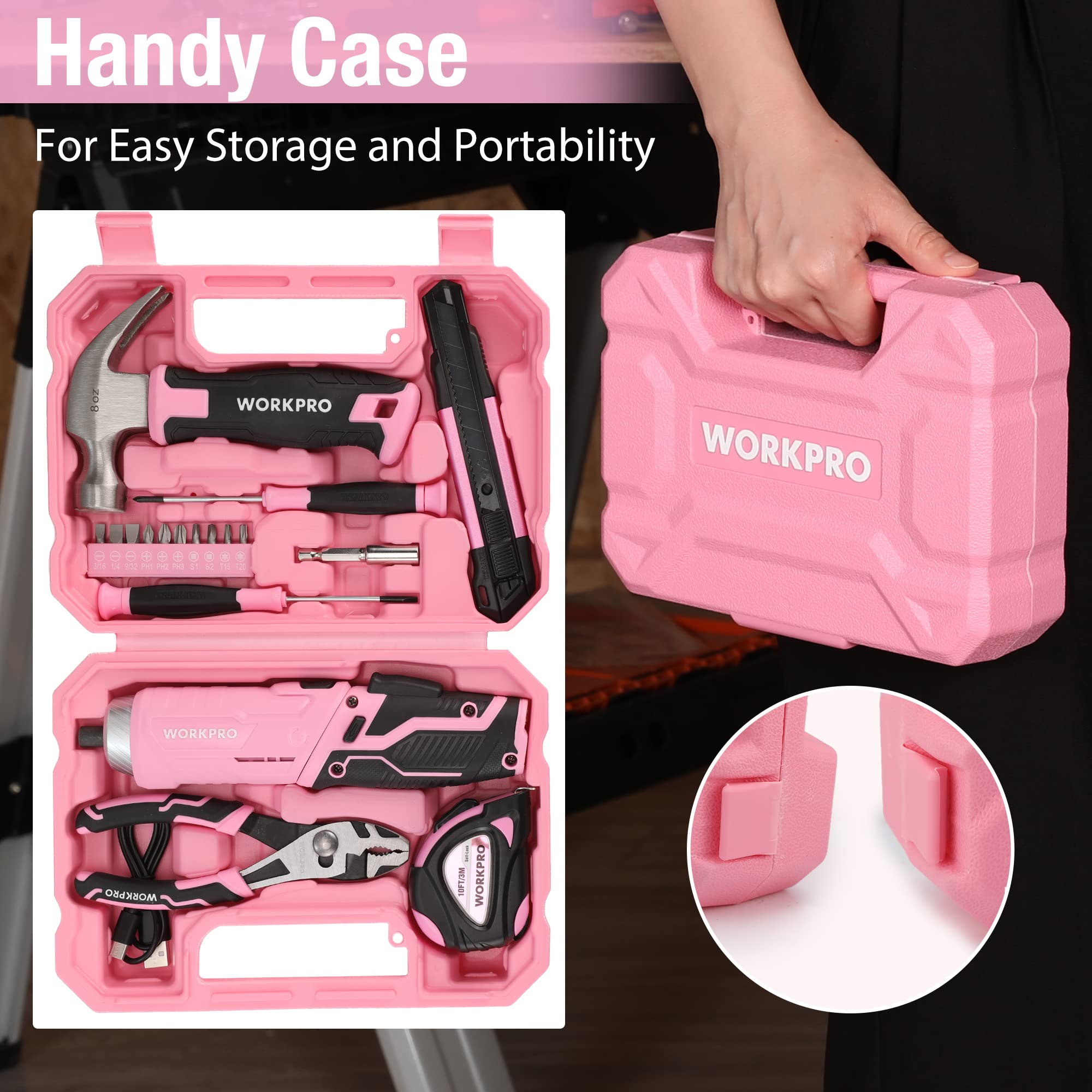 WORKPRO Pink 18-Piece Cordless Electric Screwdriver Tool Set with Rota ...