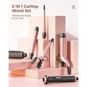 Wavytalk 320N1 5 in 1 Curling Iron Set with 4 Interchangeable Ceramic Wands 0.35 to 1.25 in, Thermal Brush, Instant Heat Up, Dual Voltage, Rose Gold