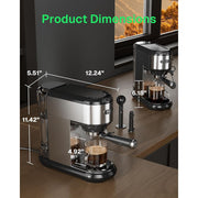 HBN Semi Automatic Espresso Machine, 20 Bar Pressure, Steam Wand, Stainless Steel Coffee Maker, 1450W, Black