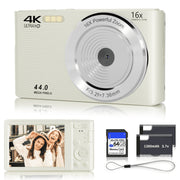 KEEPBERRY 4K Compact Digital Camera, 44MP Sensor, 16x Optical Zoom, Auto-Focus, Built-In Flash, Lightweight Black, 64GB TF Card