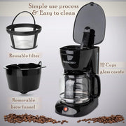 Mixpresso 12 Cup Drip Coffee Maker, Borosilicate Glass Carafe, Reusable Filter, Auto-Off, Anti-Drip System, Water Level Window, Black