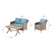 Mainstays Chelsea Outdoor Patio Steel 4-Piece Deep Seating Set with Blue Fade-Resistant Olefin Cushions and Faux Wood Finish Coffee Table