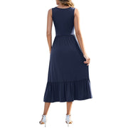 OutfitShow Summer Maxi Dress for Women, Sleeveless, Flowy Tiered Skirt with Ruffle Details, Blue, with Pockets