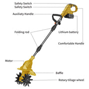KingFurt 21V Cordless Electric Garden Tiller Cultivator, 9 Inch Clearing Width, 6.3 Inch Tilling Depth, 2x 2.0Ah Batteries, 330 RPM, DD1118US_YEL