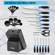 McCook Kitchen Knife Block Set, 24-Piece Stainless Steel Cutlery with Ultra-Sharp Forged High-Carbon German Blades, Built-In Sharpener, Measuring Cups and Spoons, Blue, MC706