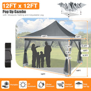 HOTEEL HO-000044-R 12x12 Portable Pop-Up Outdoor Camping Gazebo with UPF50+ Waterproof Canopy, Industrial-Grade Alloy Steel Frame, Dual Vented Roof, Mosquito Netting, Adjustable Height, Beige