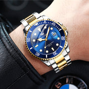 OLEVS Classic Dress Men's Wristwatch, Two-Tone Gold Plated Stainless Steel Bracelet, Blue Dial, Analog Quartz Movement, Date Display, Waterproof, Luminous Hands, 5885