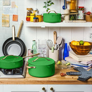 Beautiful by Drew Barrymore 12-Piece Ceramic Non-Stick Cookware Set with Strainer Lids, Kelly Green, Oven Safe to 500F, EverGood Ceramic Coating, 19922