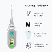 Braun Baby 3-in-1 Digital Thermometer, Flexible Soft Tip, Color-Coded Backlit Display, Battery Powered, Gray