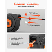 KFFKFF Retractable Air Hose Reel, 1/4 Inch x 50 FT Hybrid Hose, 300 PSI Max Pressure, Auto Rewind, 6.6 FT Lead-In Hose, Blow Gun, 180 Swivel Mount, NA-D10
