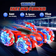 Hot Bee LY-014 Double-Sided RC Stunt Car, 360 Spins, Spider Design, 4WD All-Terrain Vehicle, LED Lights, Red and Blue