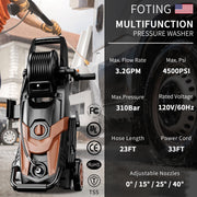 FOTING 2025Upgraded4500PSI3.2GPM Electric Pressure Washer, 4500 PSI, 3.2 GPM, Foam Cannon, 4 Quick Connect Nozzles