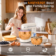 Patbrela Stand Mixer with 5.5QT Stainless Steel Bowl and Extra 3.5QT Bowl, 10-Speed Tilt-Head Kitchen Mixer with Dough Hook, Beater, Whisk for Baking SM001